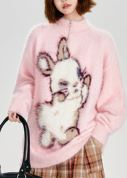 Modern Pink Stand Collar Cute Rabbit Fuzzy Fur Fluffy Sweater Tops Winter