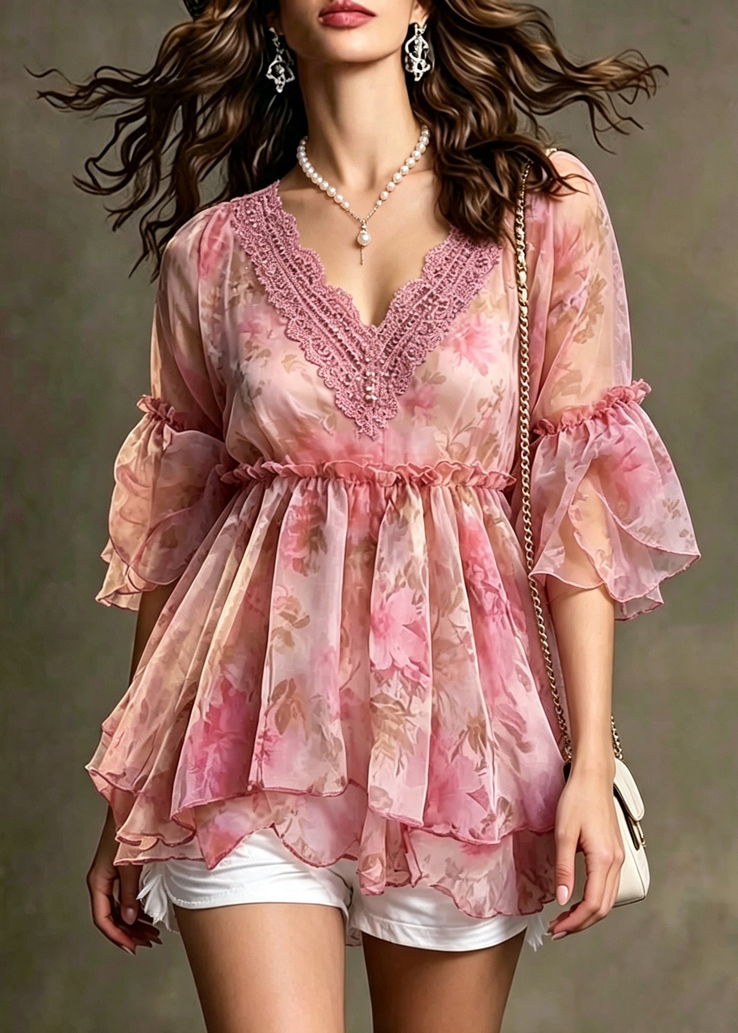 Modern Pink V Neck Print Chiffon Shirt Summer