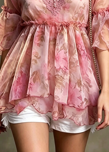 Modern Pink V Neck Print Chiffon Shirt Summer
