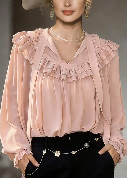 Modern Pink V Neck Ribbon Solid Shirts Lantern Sleeve