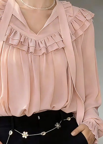 Modern Pink V Neck Ribbon Solid Shirts Lantern Sleeve