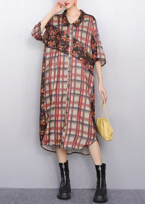 Modern Plaid Flower Patchwork Chiffon Shirt Dress Bracelet Sleeve