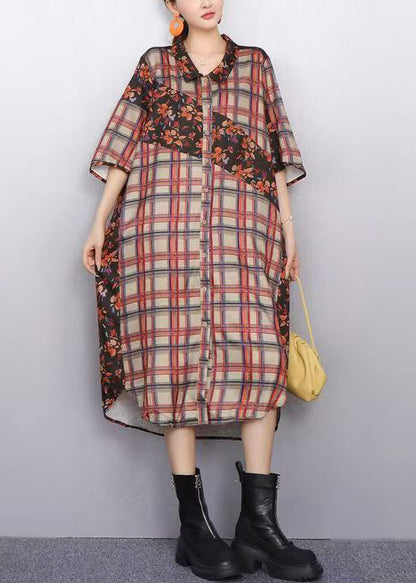 Modern Plaid Flower Patchwork Chiffon Shirt Dress Bracelet Sleeve