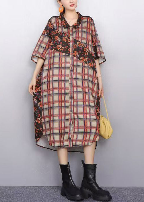 Modern Plaid Flower Patchwork Chiffon Shirt Dress Bracelet Sleeve