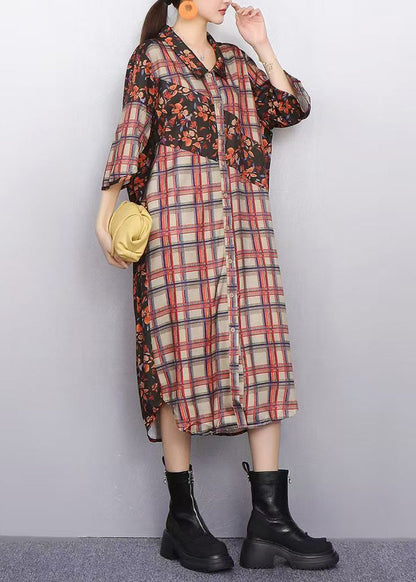 Modern Plaid Flower Patchwork Chiffon Shirt Dress Bracelet Sleeve