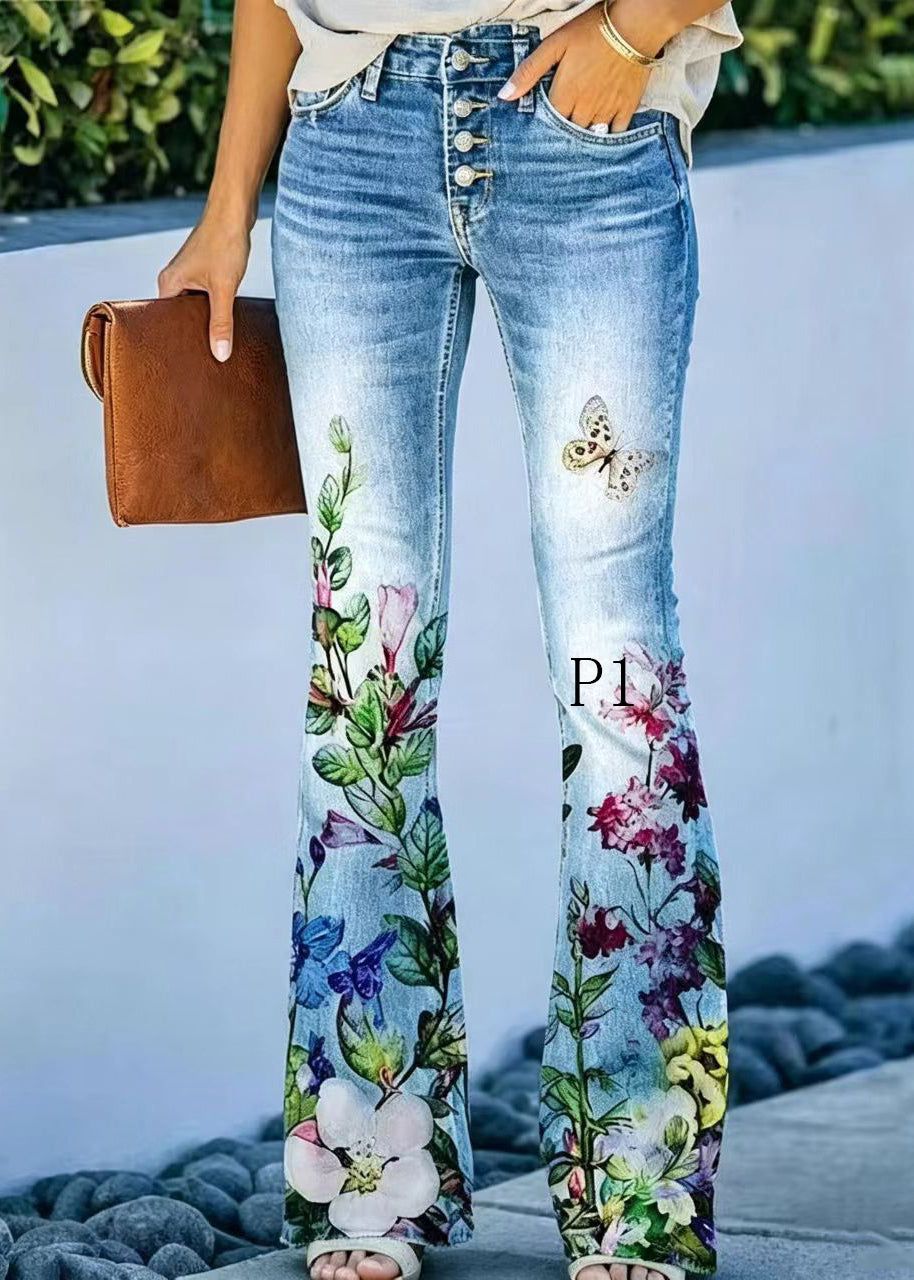 Modern Print High Waist Denim Flare Pants Summer
