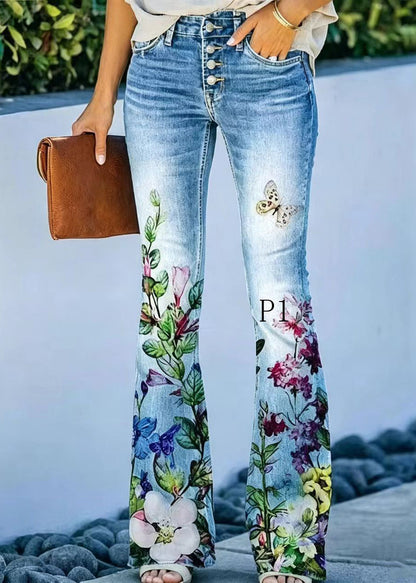 Modern Print High Waist Denim Flare Pants Summer