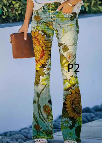 Modern Print High Waist Denim Flare Pants Summer