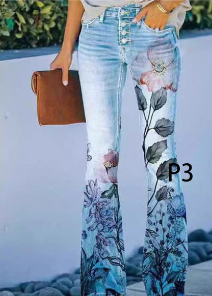 Modern Print High Waist Denim Flare Pants Summer