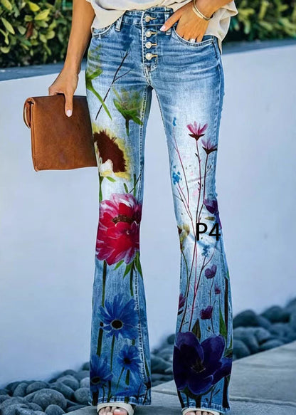 Modern Print High Waist Denim Flare Pants Summer
