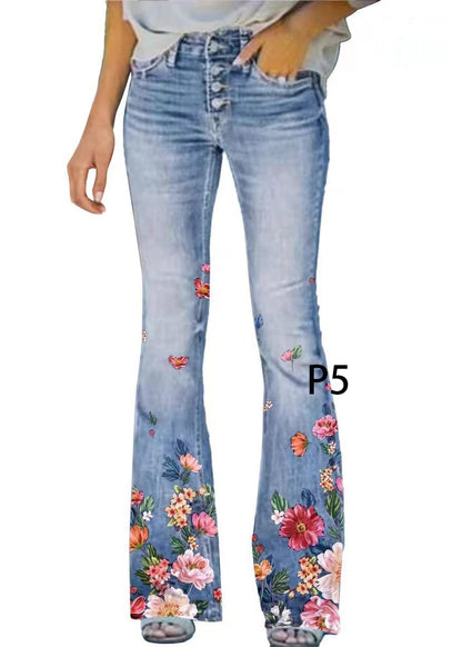 Modern Print High Waist Denim Flare Pants Summer