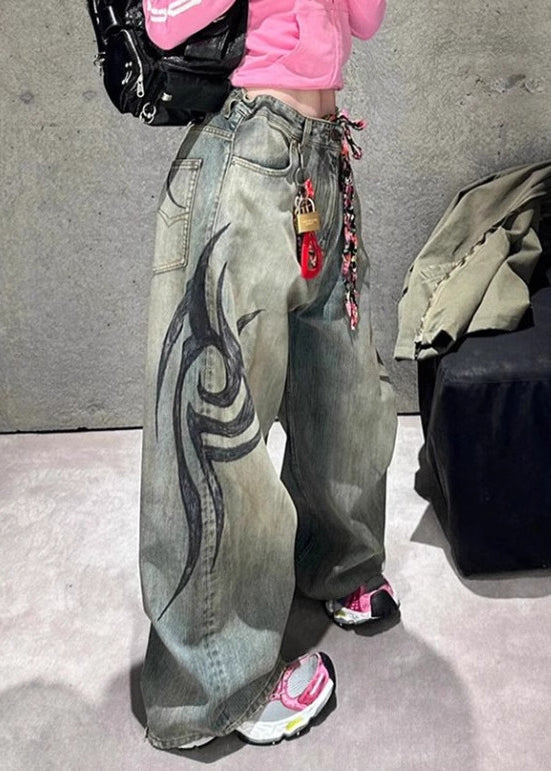 Modern Print Pockets High Waist Denim Wide Leg Pants Spring