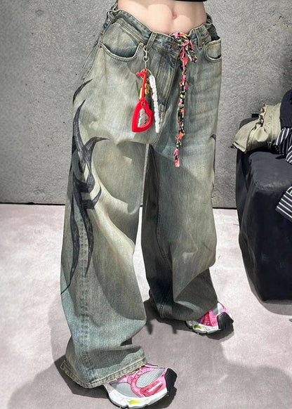 Modern Print Pockets High Waist Denim Wide Leg Pants Spring