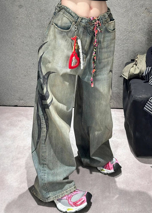 Modern Print Pockets High Waist Denim Wide Leg Pants Spring