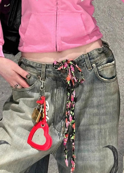 Modern Print Pockets High Waist Denim Wide Leg Pants Spring