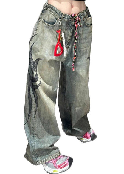 Modern Print Pockets High Waist Denim Wide Leg Pants Spring