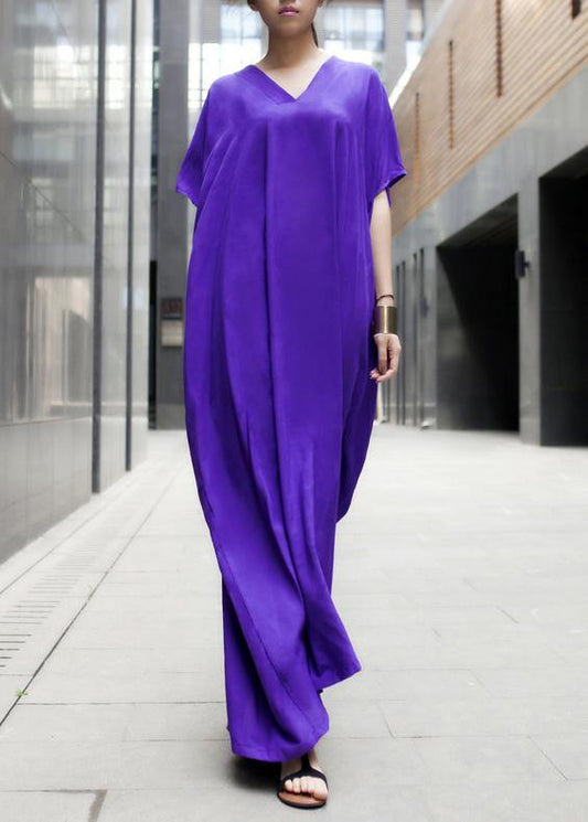 Modern Purple Clothes V Neck Baggy Dresses - SooLinen