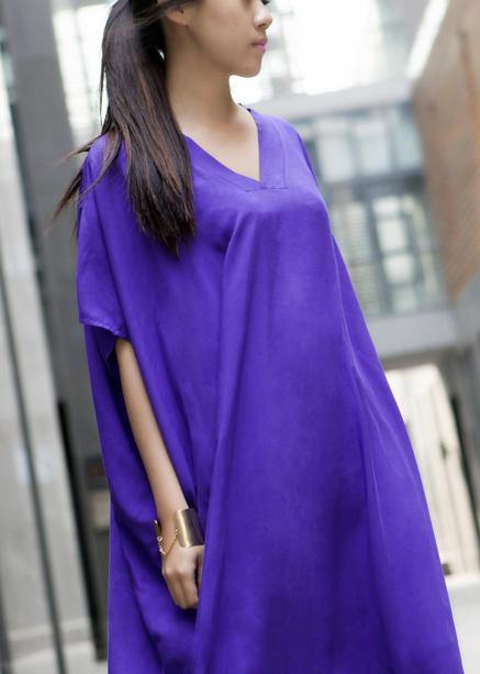 Modern Purple Clothes V Neck Baggy Dresses - SooLinen