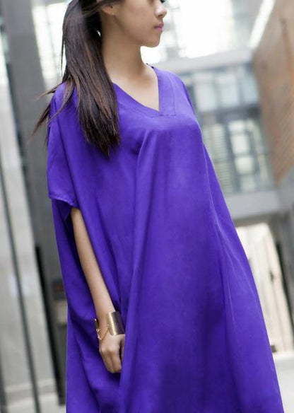 Modern Purple Clothes V Neck Baggy Dresses - SooLinen
