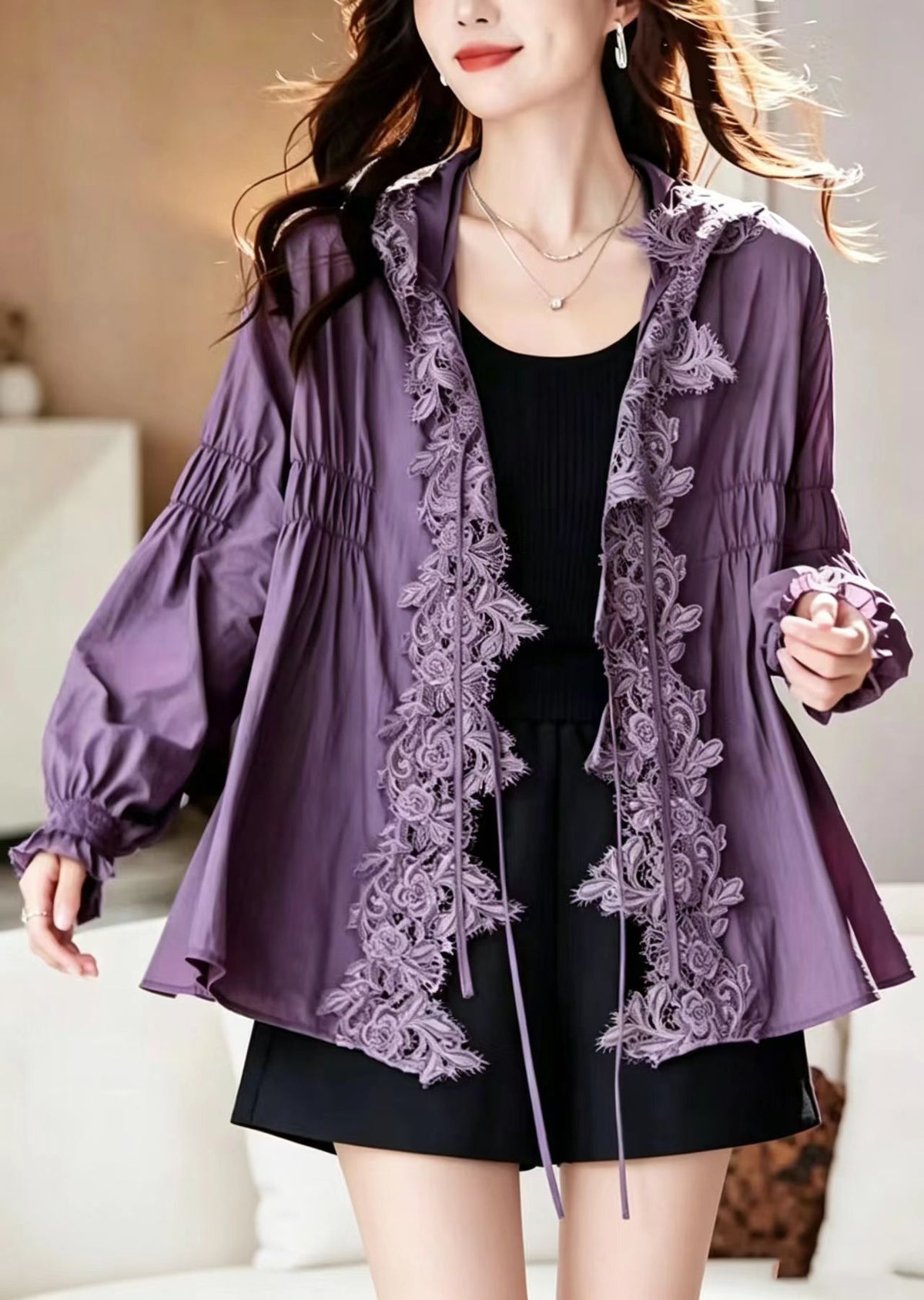 Modern Purple Hooded Lace Patchwork UPF 50+ Coat Jacket Long sleeve