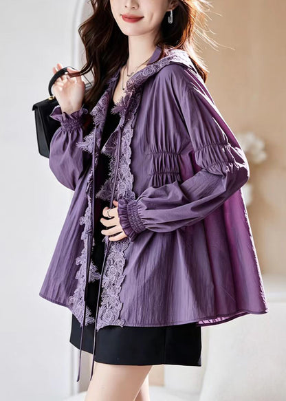 Modern Purple Hooded Lace Patchwork UPF 50+ Coat Jacket Long sleeve