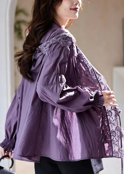 Modern Purple Hooded Lace Patchwork UPF 50+ Coat Jacket Long sleeve