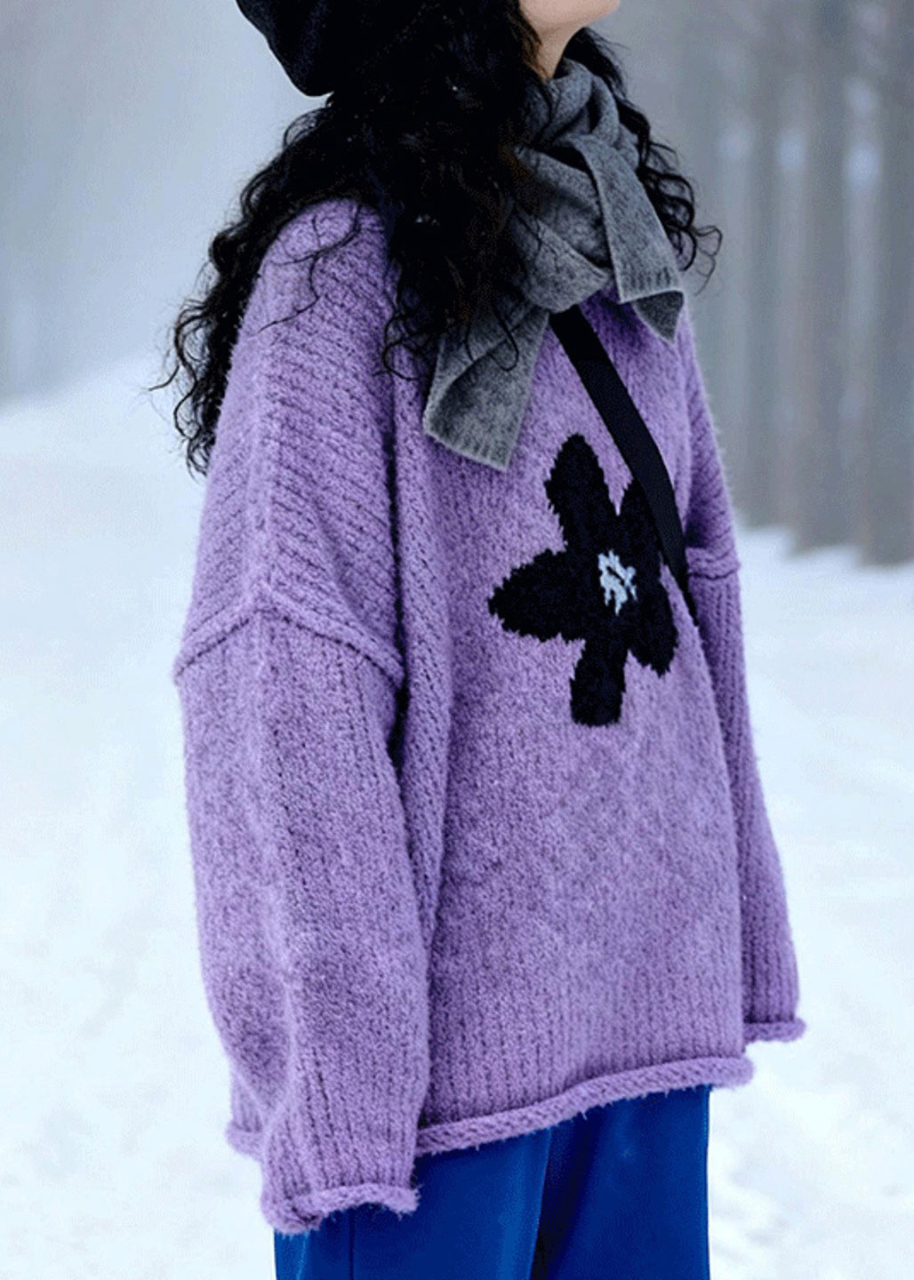 Modern Purple O Neck Jacquard Sweater Tops Winter