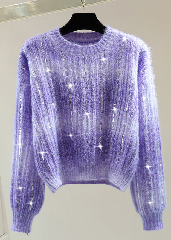 Modern Purple O-Neck Sequins Cotton Knit Sweater Winter