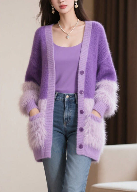 Modern Purple Oversized Patchwork Faux Fur Knit Cardigan Winter
