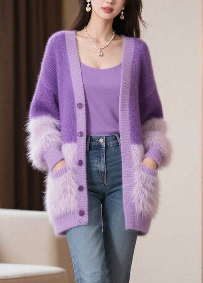 Modern Purple Oversized Patchwork Faux Fur Knit Cardigan Winter
