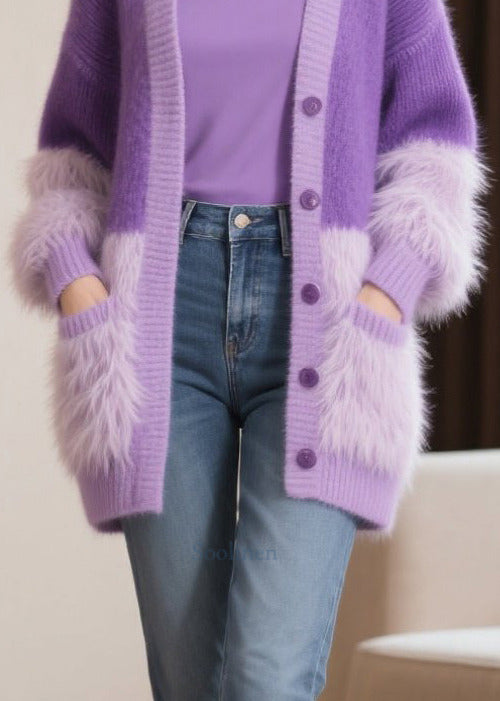 Modern Purple Oversized Patchwork Faux Fur Knit Cardigan Winter