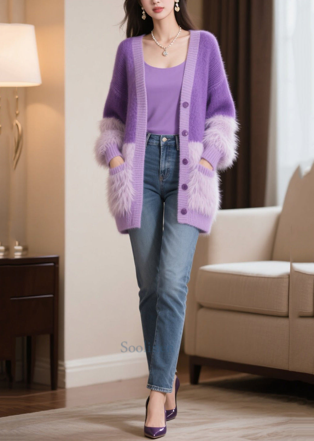 Modern Purple Oversized Patchwork Faux Fur Knit Cardigan Winter