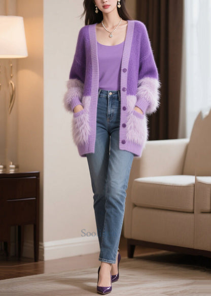 Modern Purple Oversized Patchwork Faux Fur Knit Cardigan Winter