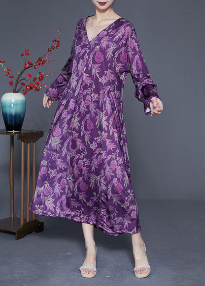 Modern Purple Oversized Print Silk Ankle Dress Spring