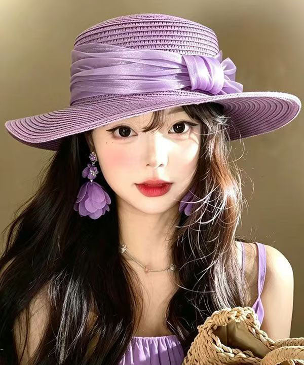 Modern Purple Patchwork Tulle Straw Woven Cloche Hat
