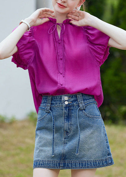 Modern Purple Ruffled Cotton Blouses Puff Sleeve