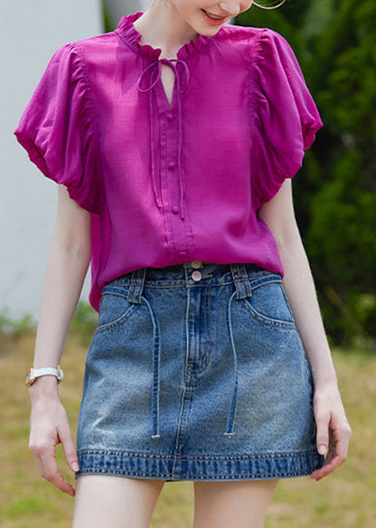 Modern Purple Ruffled Cotton Blouses Puff Sleeve
