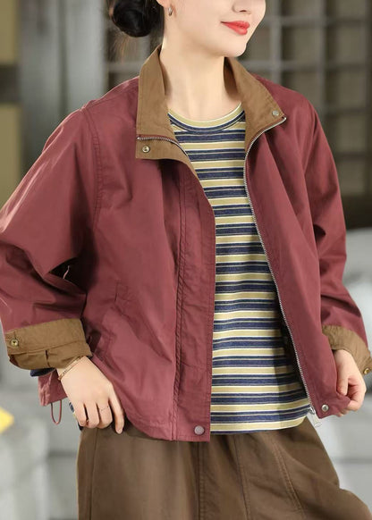 Modern Purple Stand Collar Drawstring Cotton Coats Fall