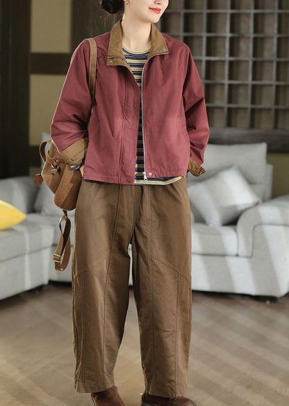 Modern Purple Stand Collar Drawstring Cotton Coats Fall