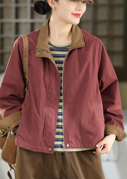 Modern Purple Stand Collar Drawstring Cotton Coats Fall