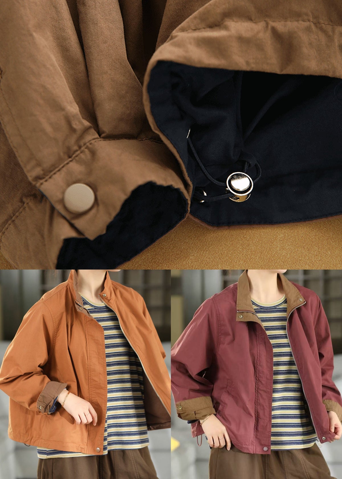 Modern Purple Stand Collar Drawstring Cotton Coats Fall