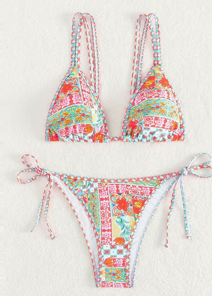 Modern Red Bustier Top Print Swimwear Two Piece Set