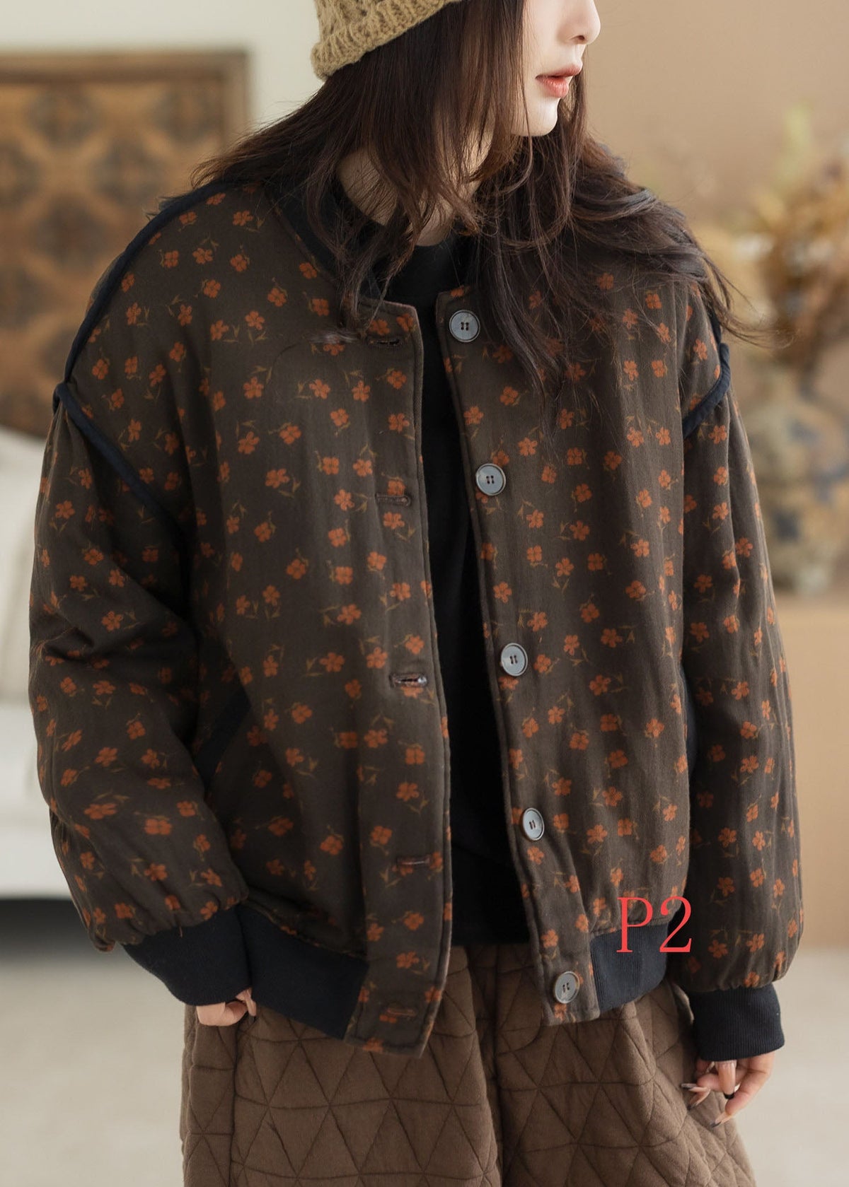 Modern Red Little Floral Warm Fine Cotton Filled Jackets Winter