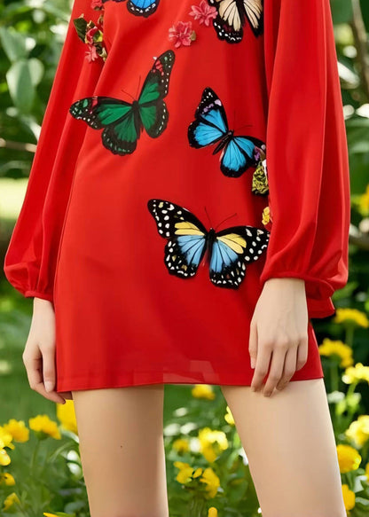 Modern Red Oversized Butterfly Chiffon Mini Dress Summer