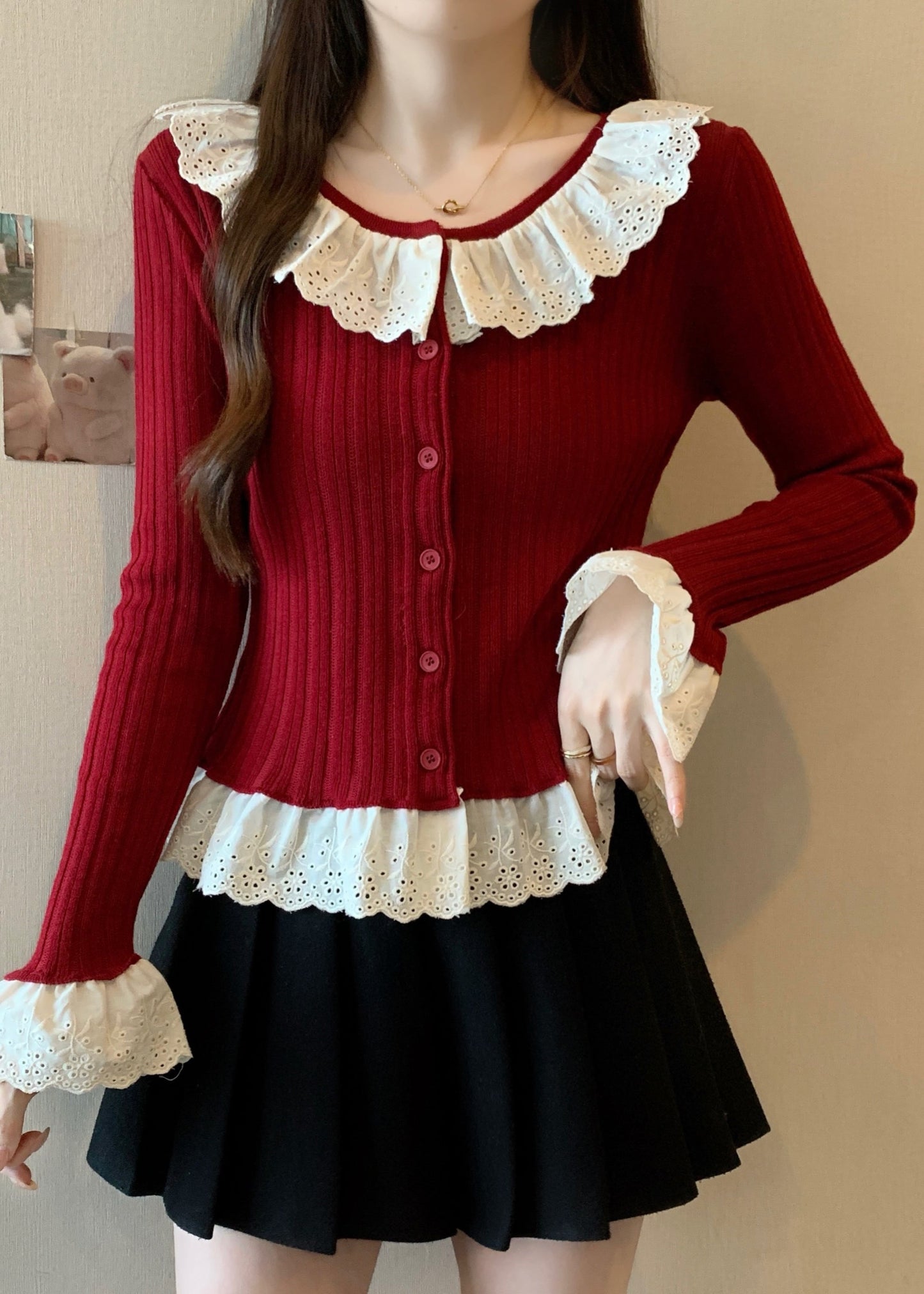 Modern Red Patchwork Knit Fake Two Piece Sweater Tops Fall
