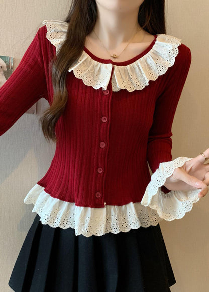 Modern Red Patchwork Knit Fake Two Piece Sweater Tops Fall