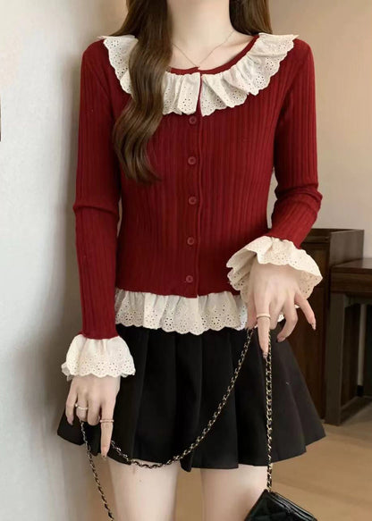 Modern Red Patchwork Knit Fake Two Piece Sweater Tops Fall