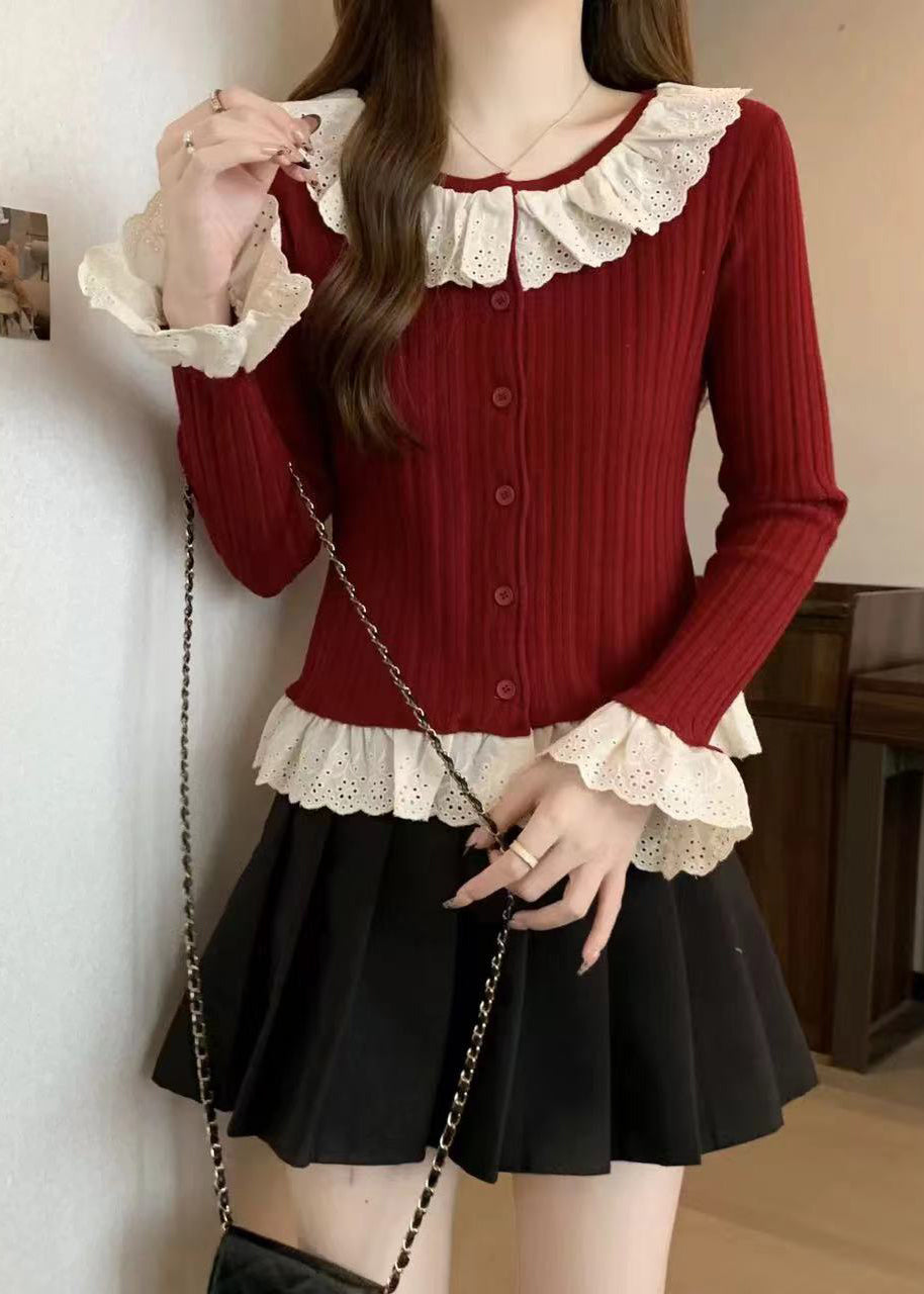 Modern Red Patchwork Knit Fake Two Piece Sweater Tops Fall