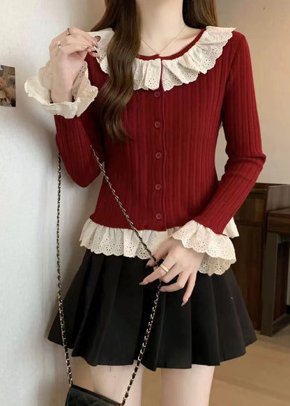 Modern Red Patchwork Knit Fake Two Piece Sweater Tops Fall