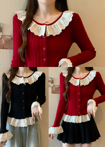 Modern Red Patchwork Knit Fake Two Piece Sweater Tops Fall